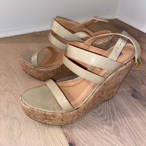 Dee Keller Nude Strappy Cork Wedge Sandals